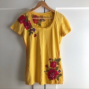 Johnny Was LA Yellow Embroidered Cotton Top M